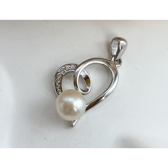 Heart Shaped Pearl Adorned Tiny Sterling Silver 925 Vintage Pendant | Charm - Picture 1 of 9